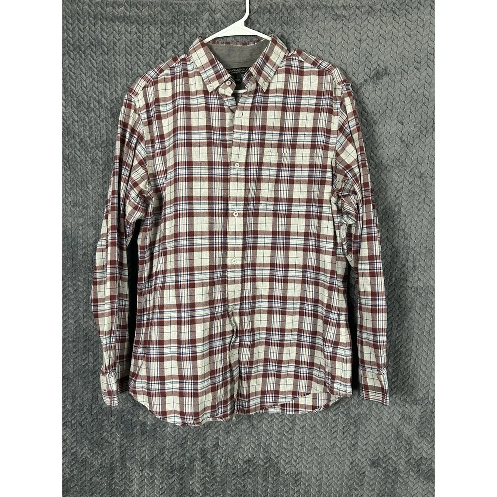 Banana Republic‎ Flannel Shirt Men's L Plaid Blue White Red Luxe Cotton